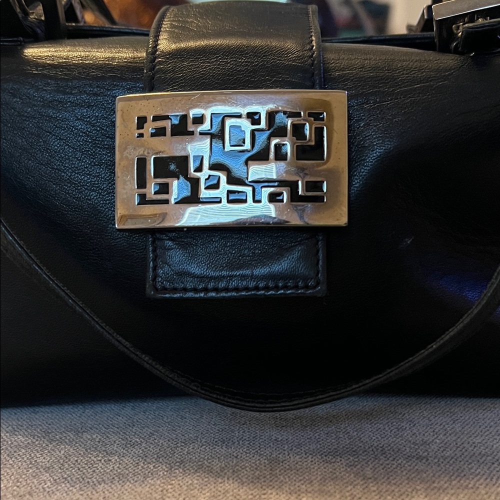 Fendi Black Lamb Skin Leather Baquette Bag with Decorative Silver Plaque
